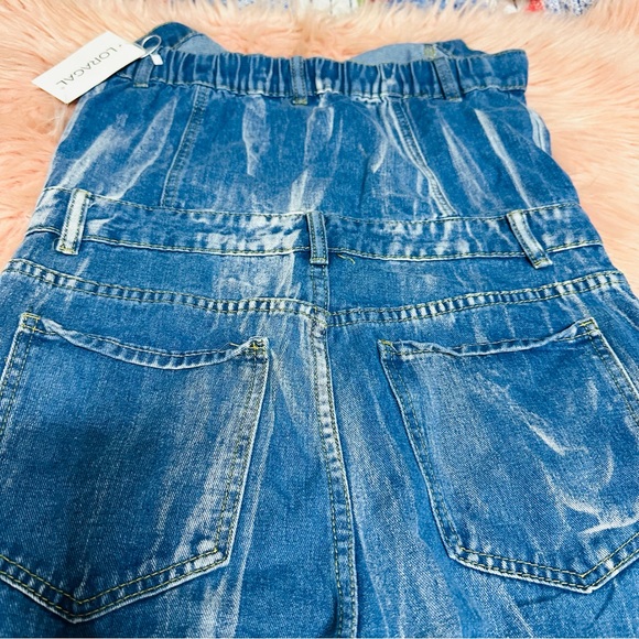 Button Up Strapless Pockets Straight Leg Denim Jumpsuit-Blue Sz M - Picture 9 of 11